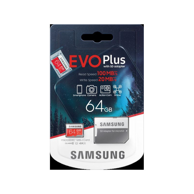 MICRO SD SAMSUNG EVO PLUS 64GB MB-MC64HA 100/20MB/S + ADAPTATEUR SD