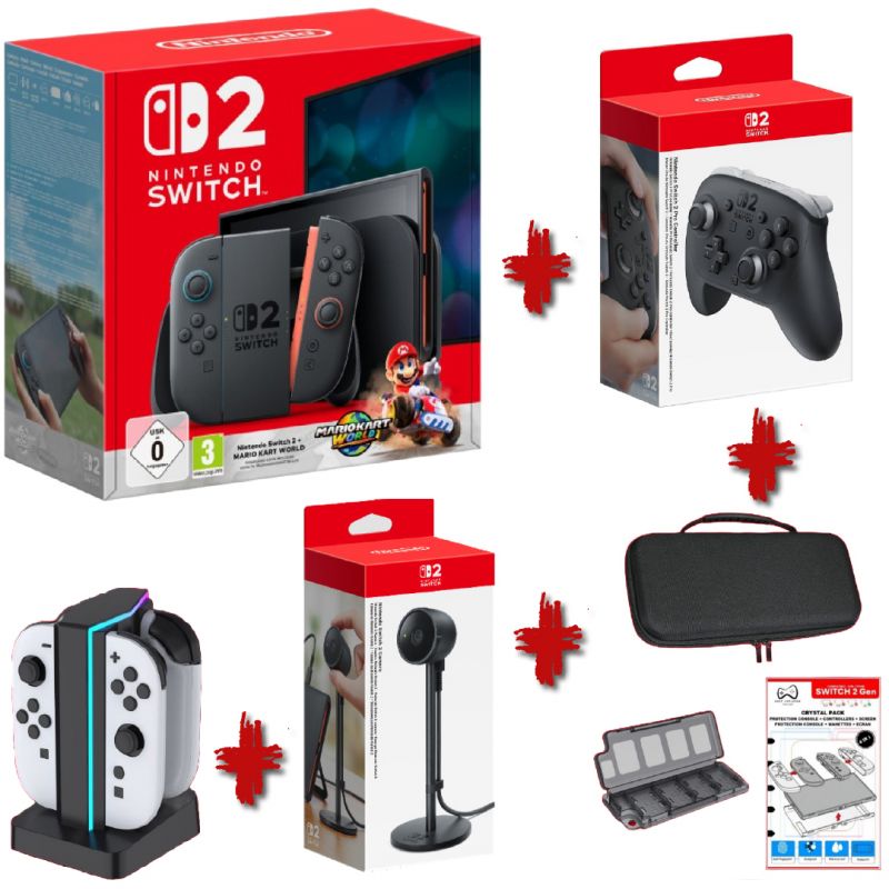 BUNDLE CONSOLE SWITCH 2 MARIO KART WORLD + CAMERA NINTENDO + MANETTE PRO 2 + 4 RECHAGES JOY CON + CRYSTAL PACK ( 6 IN 1)