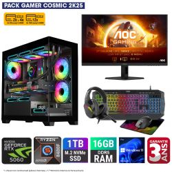 PACK COMPLET PC GAMER COSMIC 2K25 ( ECRAN + CLAVIER + SOURIS + TAPIS + CASQUE )
