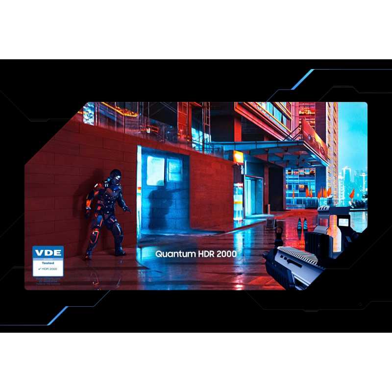 Quantum HDR 2000 — Une scène de jeu sombre dont les couleurs deviennent plus vives, pour repérer les ennemis cachés.