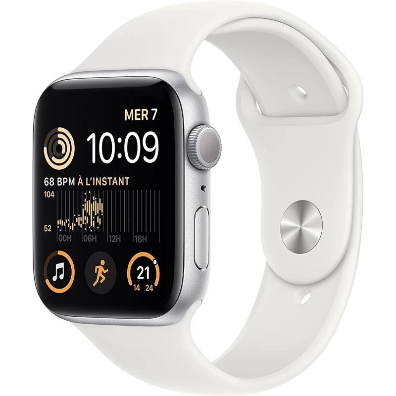 APPLE WATCH SE GPS 2022 BOITIER ALUMINIUM ARGENT 44MM AVEC BRACELET SPORT BLANC