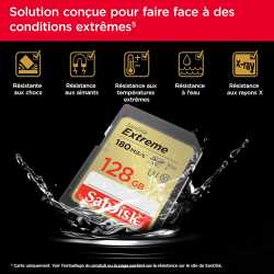 CARTE MEMOIRE SANDISK - SDXC EXTREME 128GB 180MB/S UHS-I C10 V30 U3