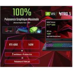 PC PORTABLE 15.6 POUCES GAMING ACER NITRO 5 AN515-58-57GFFULL HD 144HZ / 4060 RTX / I5 12450H / 512 GO NVME /