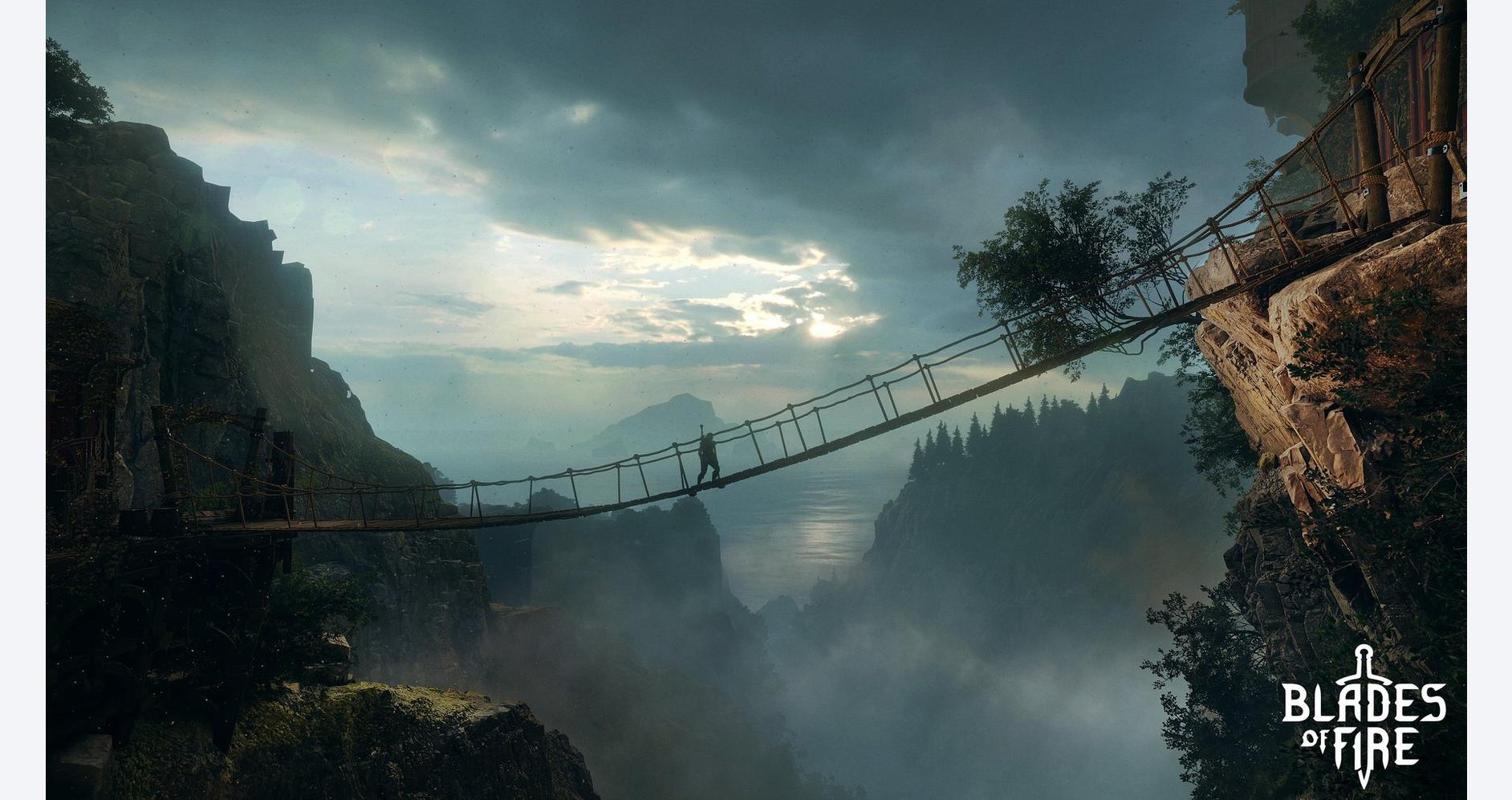 Pont suspendu dans un paysage mystérieux