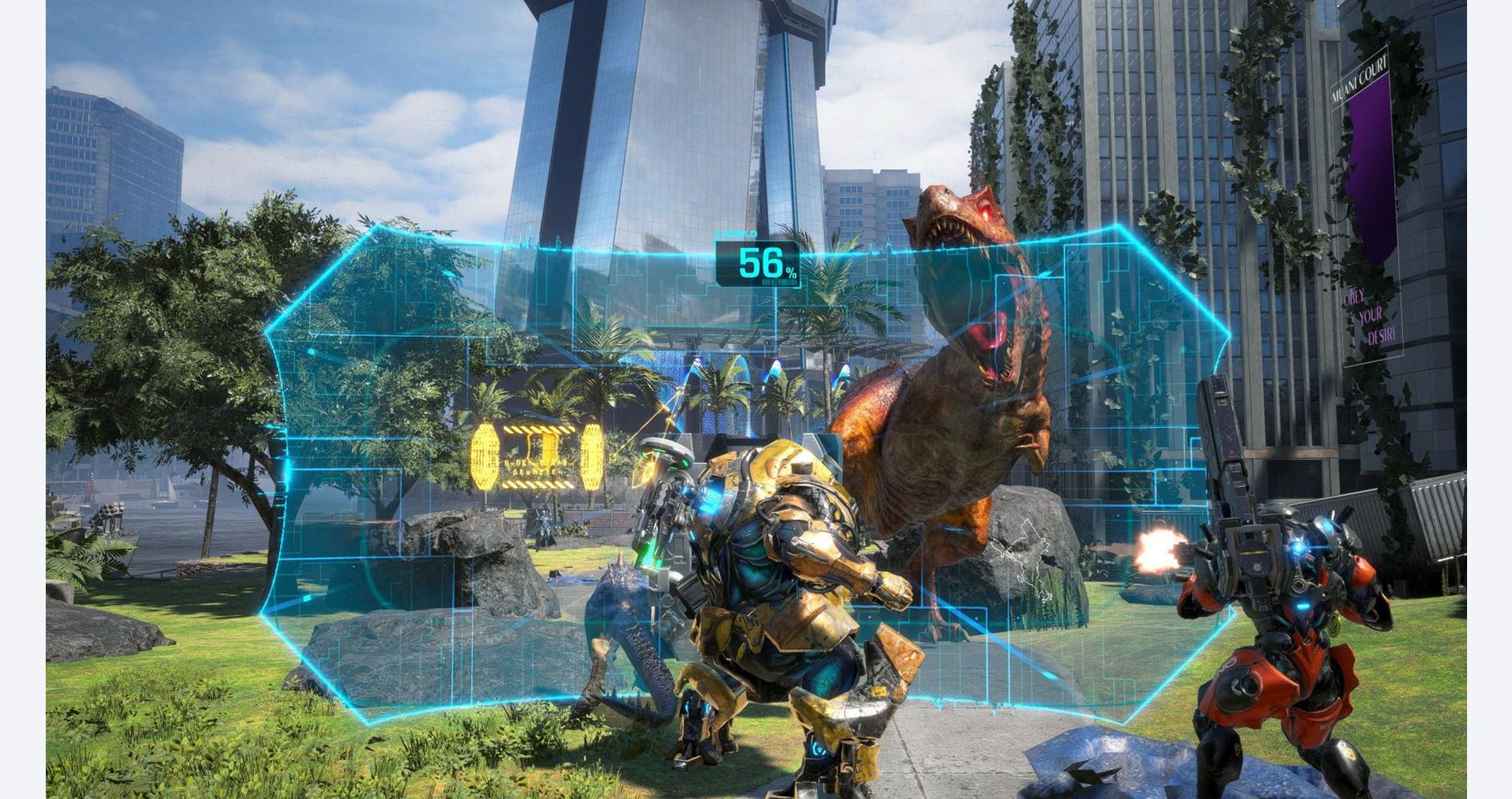 Exosuits et dinosaures en combat épique
