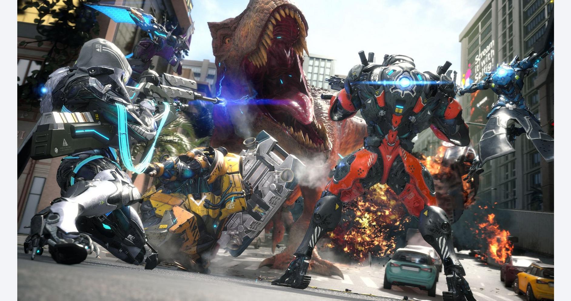 Exosuit en pleine bataille contre des dinosaures