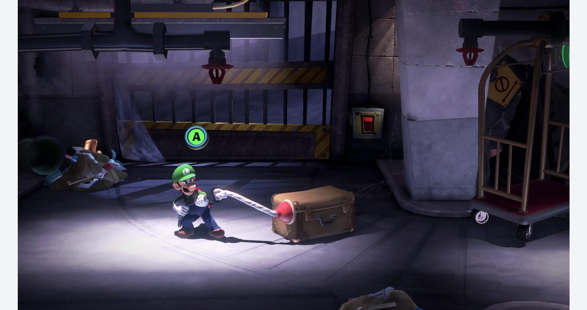 Luigi avec le Poltergust G-00 dans un hôtel hanté