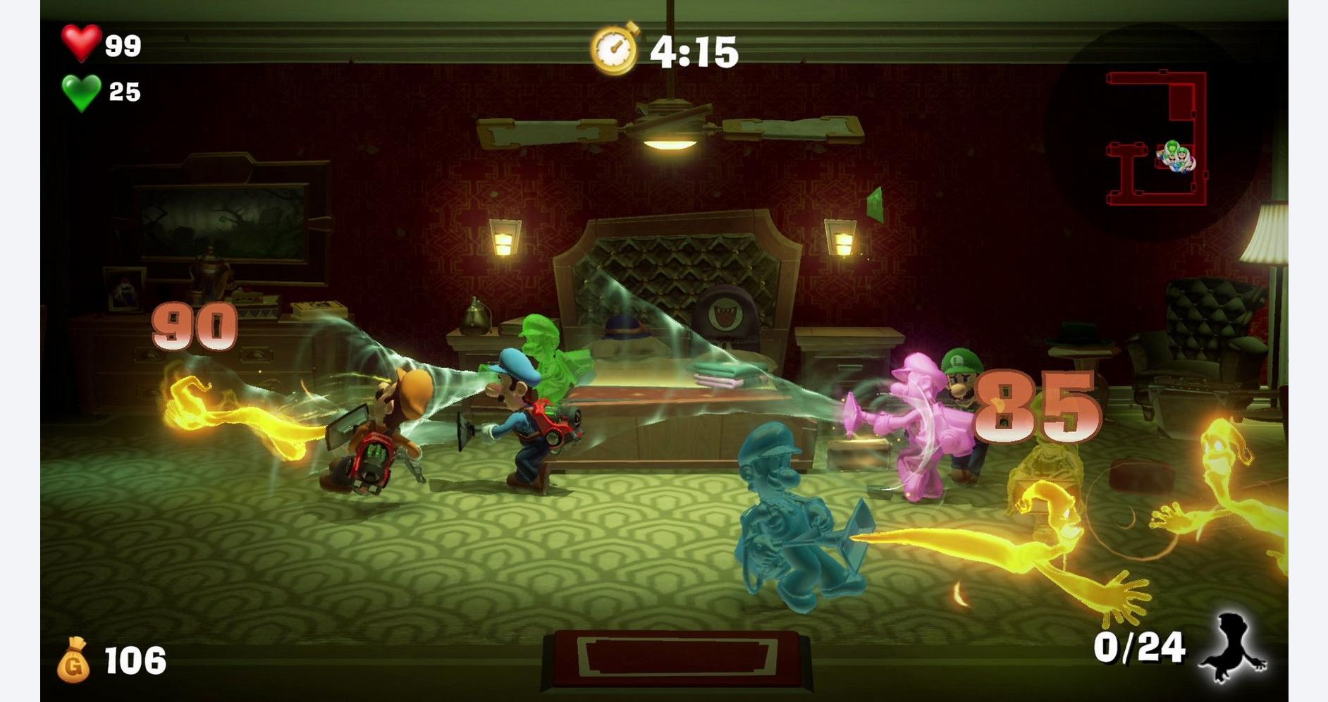 Luigi et Gooigi explorant les étages hantés