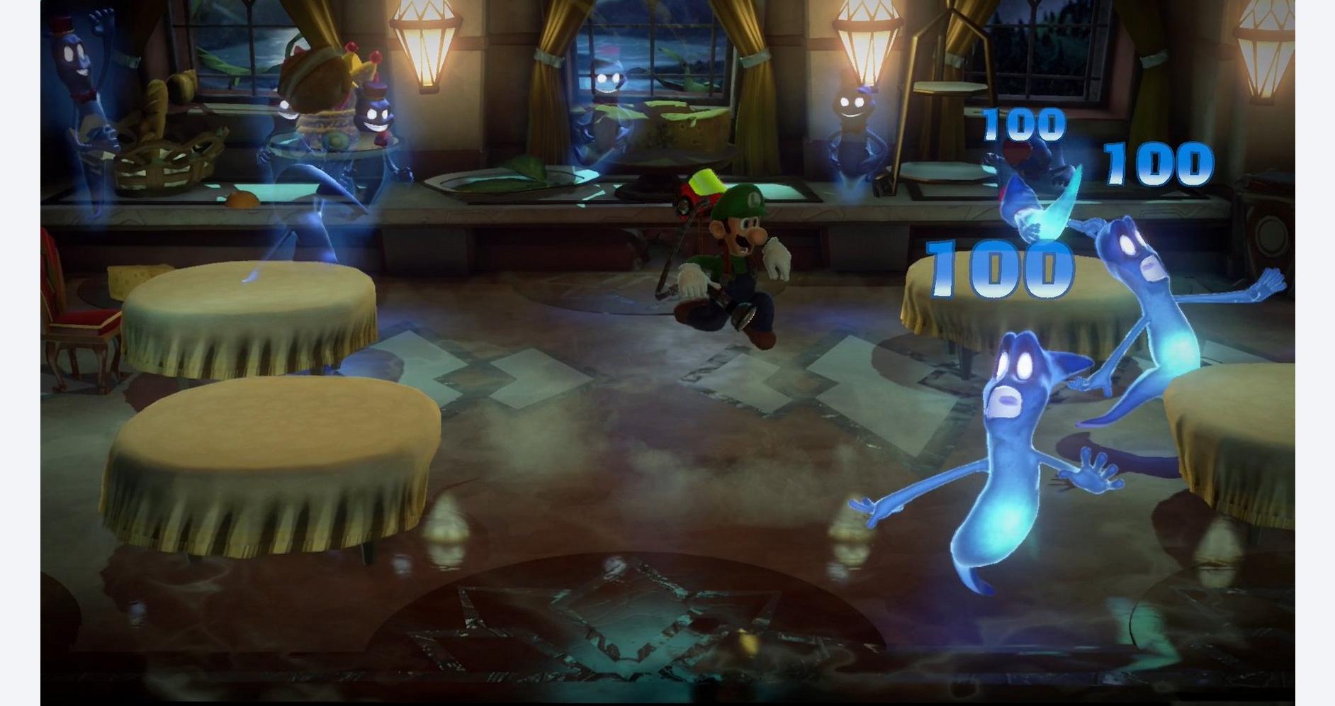 Luigi utilisant le Poltergust G-00 contre des fantômes