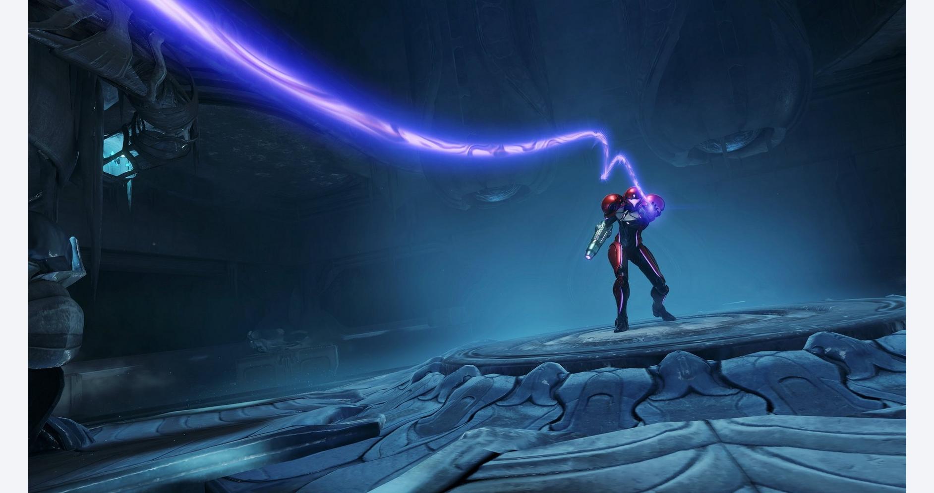 Samus Aran traversant des paysages extraterrestres