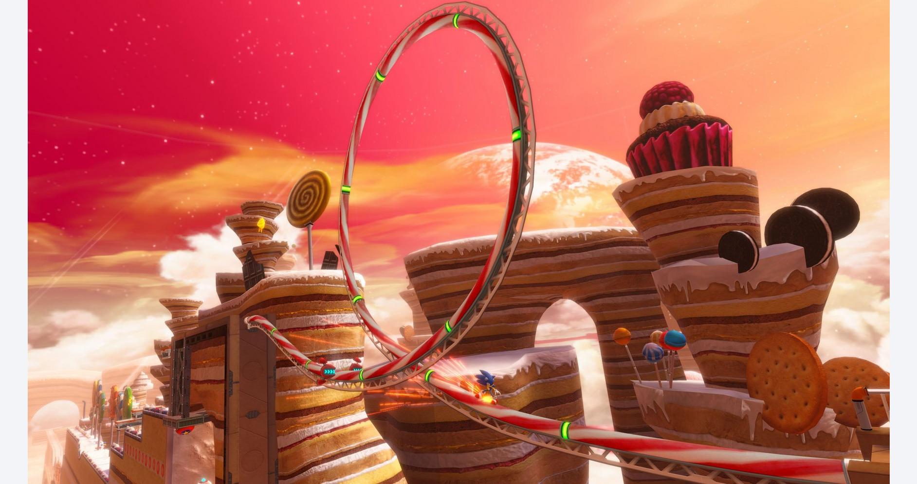 Sonic traversant un parc d'attractions céleste