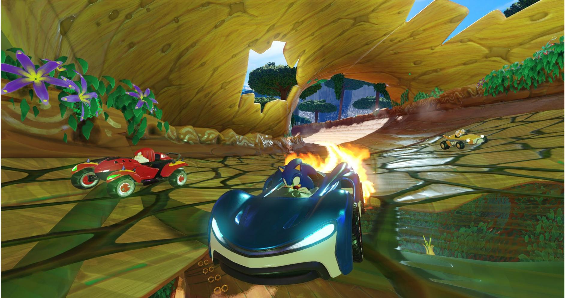 Course avec boosts et power-ups dans Team Sonic Racing