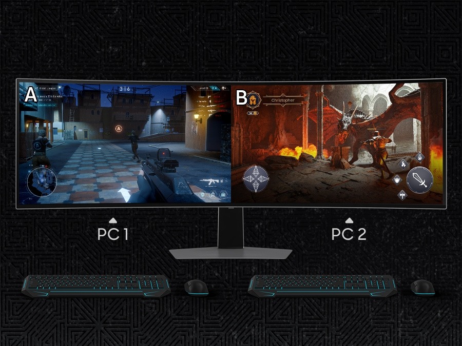 Deux sources côte à côte — L'écran est divisé en deux sections pour afficher un jeu et un autre contenu simultanément.