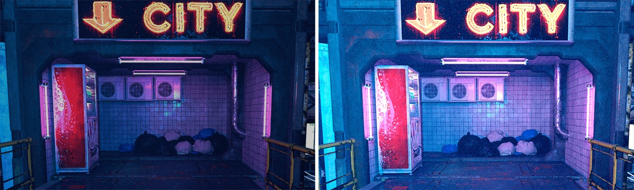 AI Vision — Comparatif AI Vision desactive / active montrant l'eclaircissement des zones sombres et la saturation des couleurs.